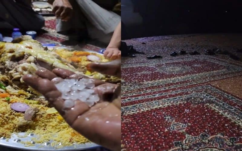 فيديو صادم لحبات برد كبيرة فاجأت سعوديين وهو يتناولون طعامهم في البر وهذا ما حصل لهم